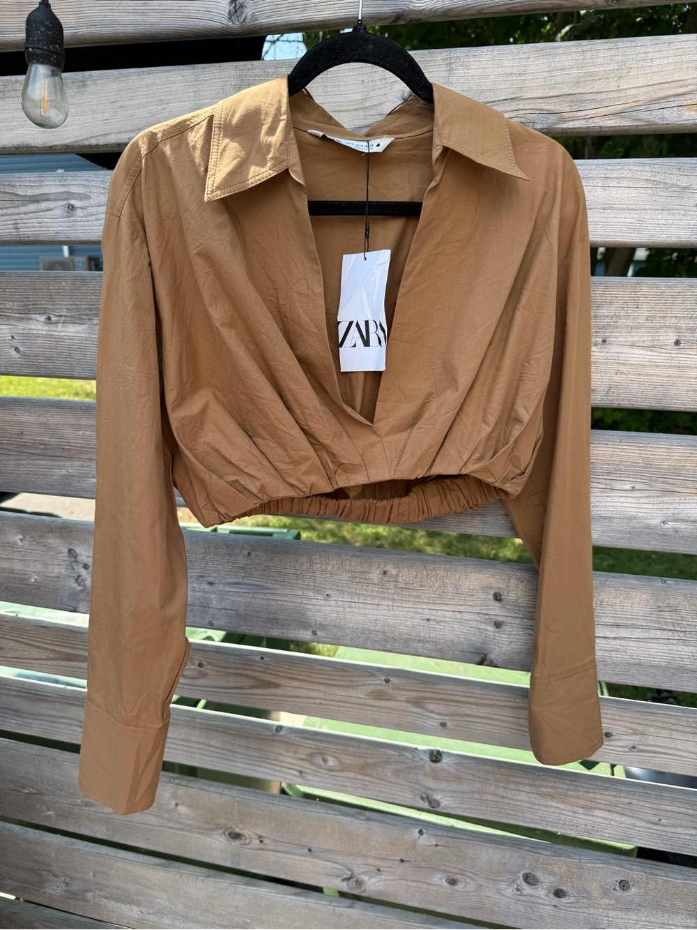 Zara Cropped and Cinched Collared Long-Sleeve Top - Tan